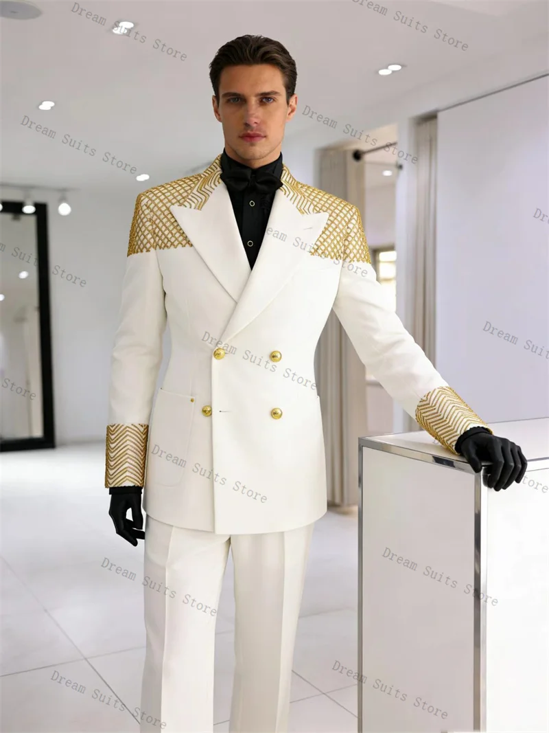 

Golden Crystal Men Suit Set 2 Pcs White Blazer+Pants Trousers Customized Cotton Formal Office Jacket Wedding Tuxedos Prom Coat