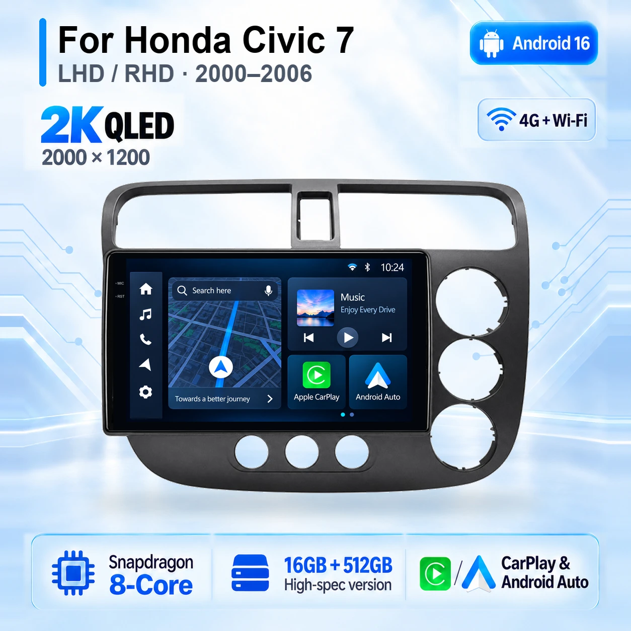 Android 16 Carplay DSP WIFI+4G Autoradio Multimedia-Player für Honda Civic 7 LHD RHD 2000 - 2006 Autoradio Stereo 2din Head Unit