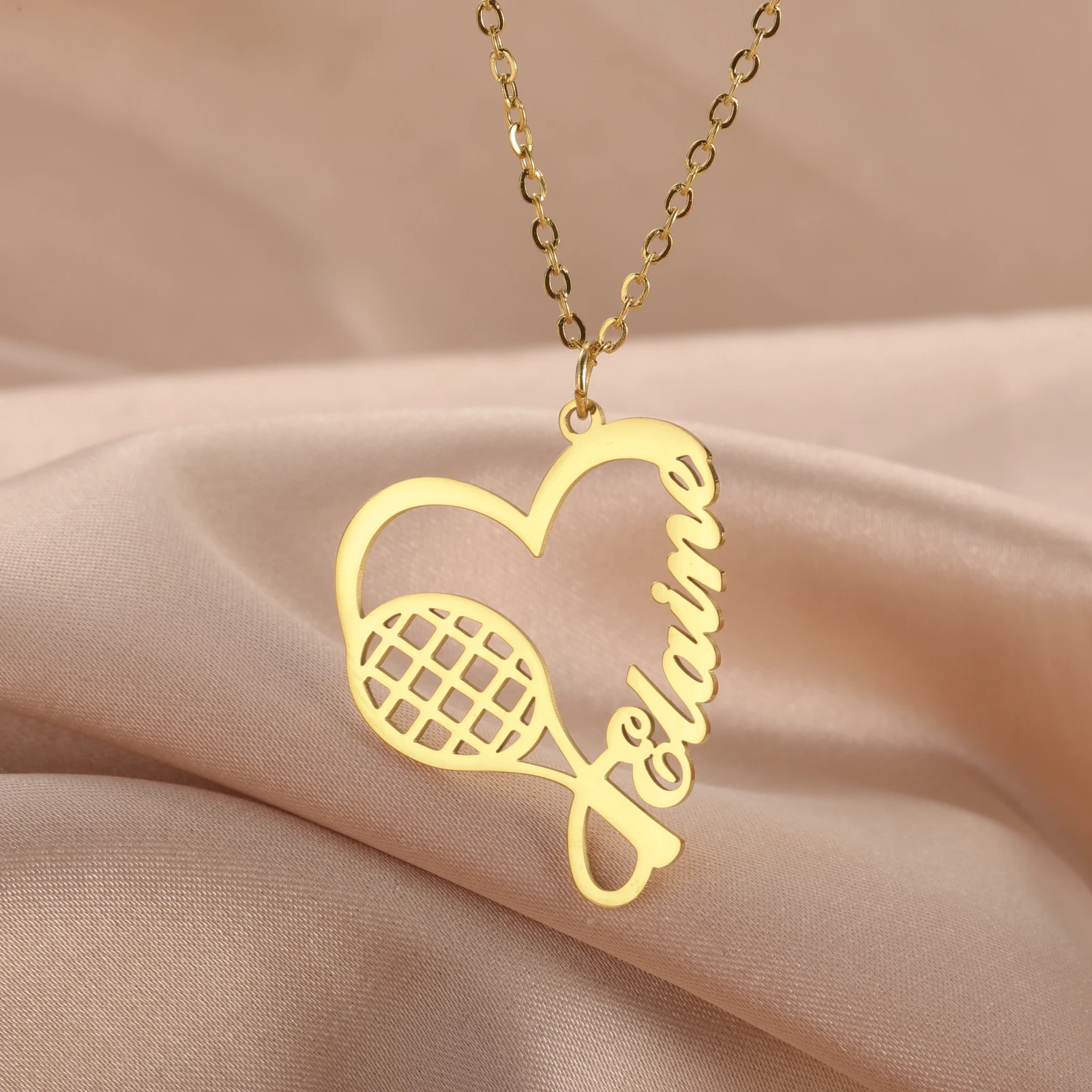 Lemegeton Personalized Tennis Racket Necklace Heart Custom Name Trendy Sports Jewelry for Teens Girls Tennis Player Team Gift