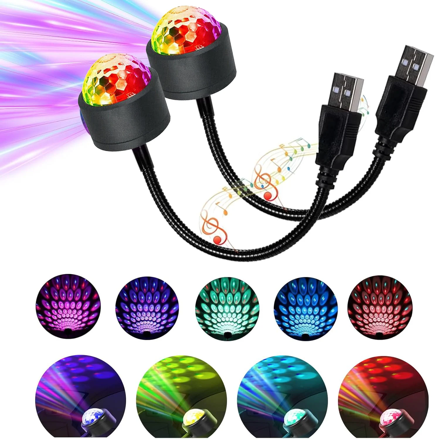 

1 шт. USB красочный сценический светильник 360 ° Универсальный вращающийся светодиодный проектор DJ Car с голосовым управлением, атмосферные огни для вечеринки