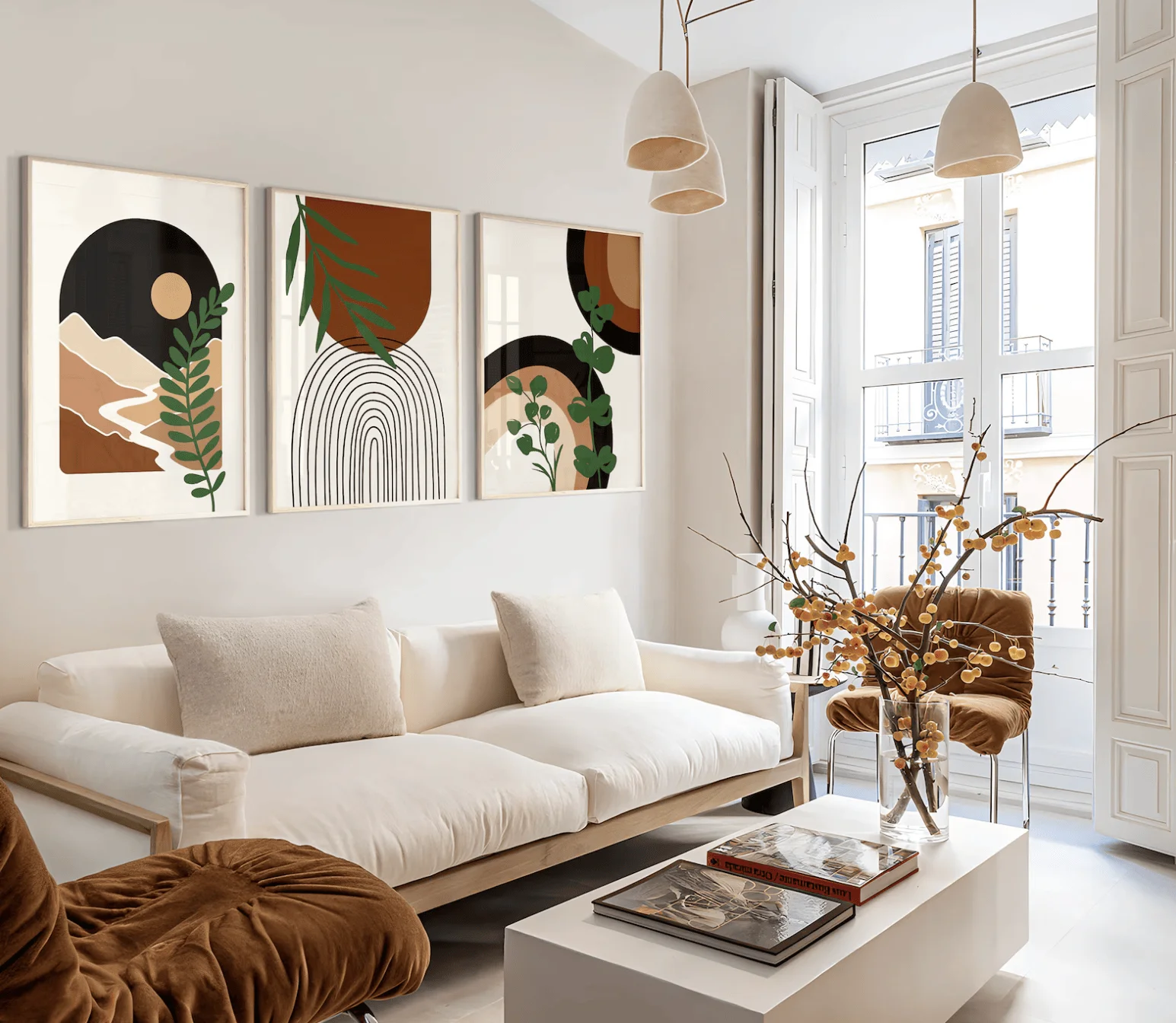 3Pcs Boho Abstract Mountain Canvas Prints, Neutral Geometric Posters, Earth Tone Pictures Living Room Bedroom Decor