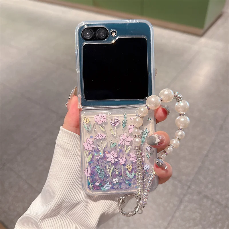 

Dynamic glitter Liquid Quicksand Flower Luminous Case For Samsung Galaxy Z Flip 5 6 3 4 S22 S23 Ultra S24 S25 Plus pearl Lanyard