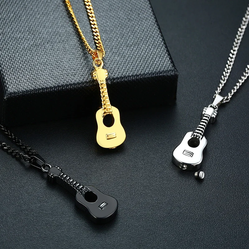 Punk Men's Ashes Holder Urn Necklace Stainless Steel Guitar Cremation Pendants Memorial Male Gifts 24