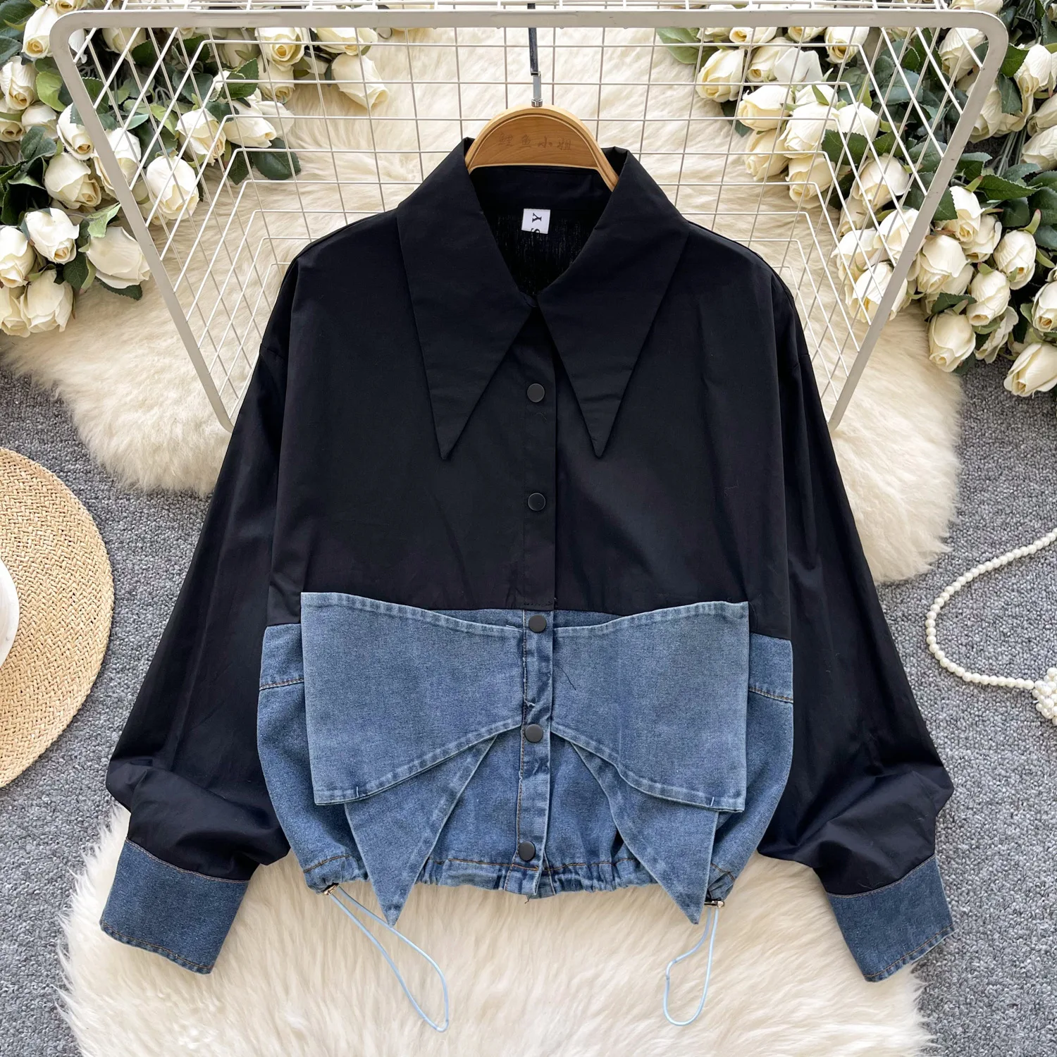 Spring Fashion Korean Style Women's Casual Trendy Turn-down Collar Long Lantern Sleeve Jean Spliced Shirts Female Tops Clothes