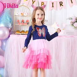 VIKITA Girls Butterfly Sequined Appliqued Dress Kids Mesh Tulle Layered Prom Gown Performance Birthday Party Princess Dresses