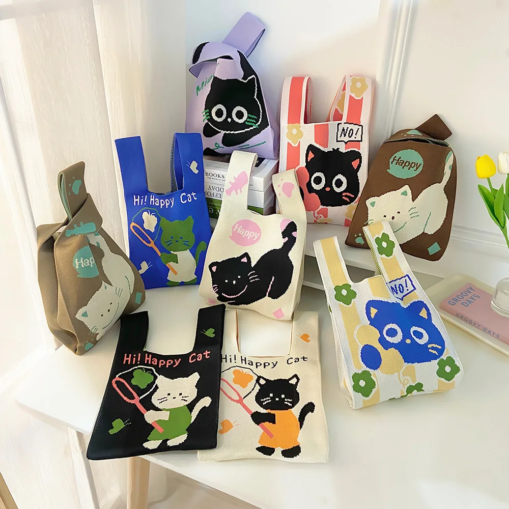 Knitted bag niche design cute cat handbag large capacity handbag casual small square bag lunch box bag
