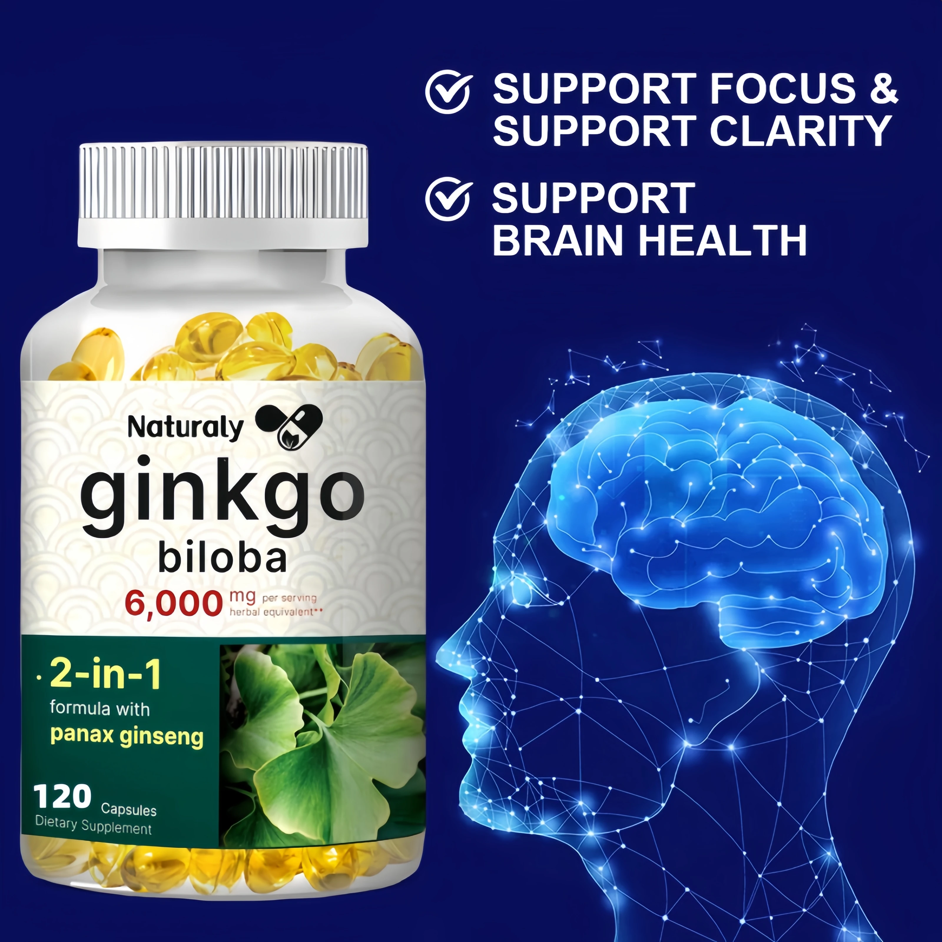 Ginkgo Leaf Capsules, Helps Memory, Learning Ability, Concentration, Better Mood and Healthy Brain