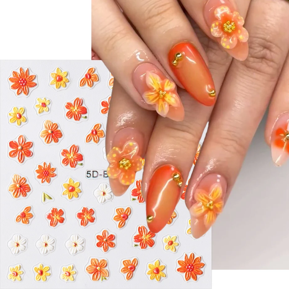 2 szt. Pomarańczowe Kwiaty Naklejki na Paznokcie Ozdoby Jesienne Kwiaty Kwitnące Samoprzylepne Slidery Dekoracje Akcesoria do Manicure