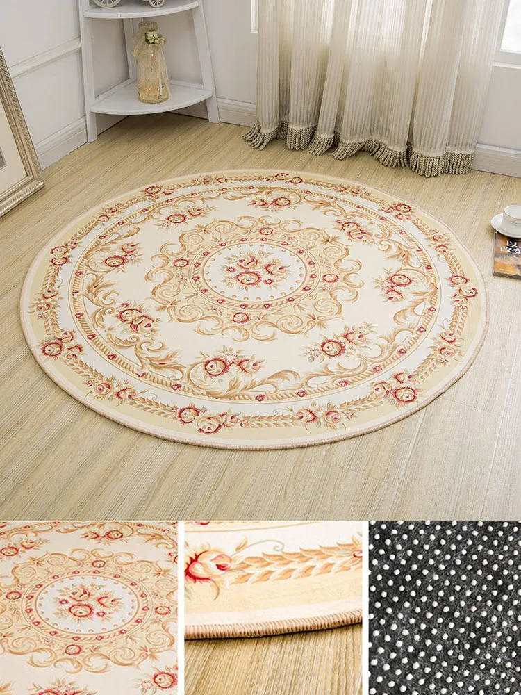 European Style Printed Round Carpet Retro Living Room Flower Floor Mat Sofa Coffee Table Balcony Bedroom Area Rug Non-Slip Mat