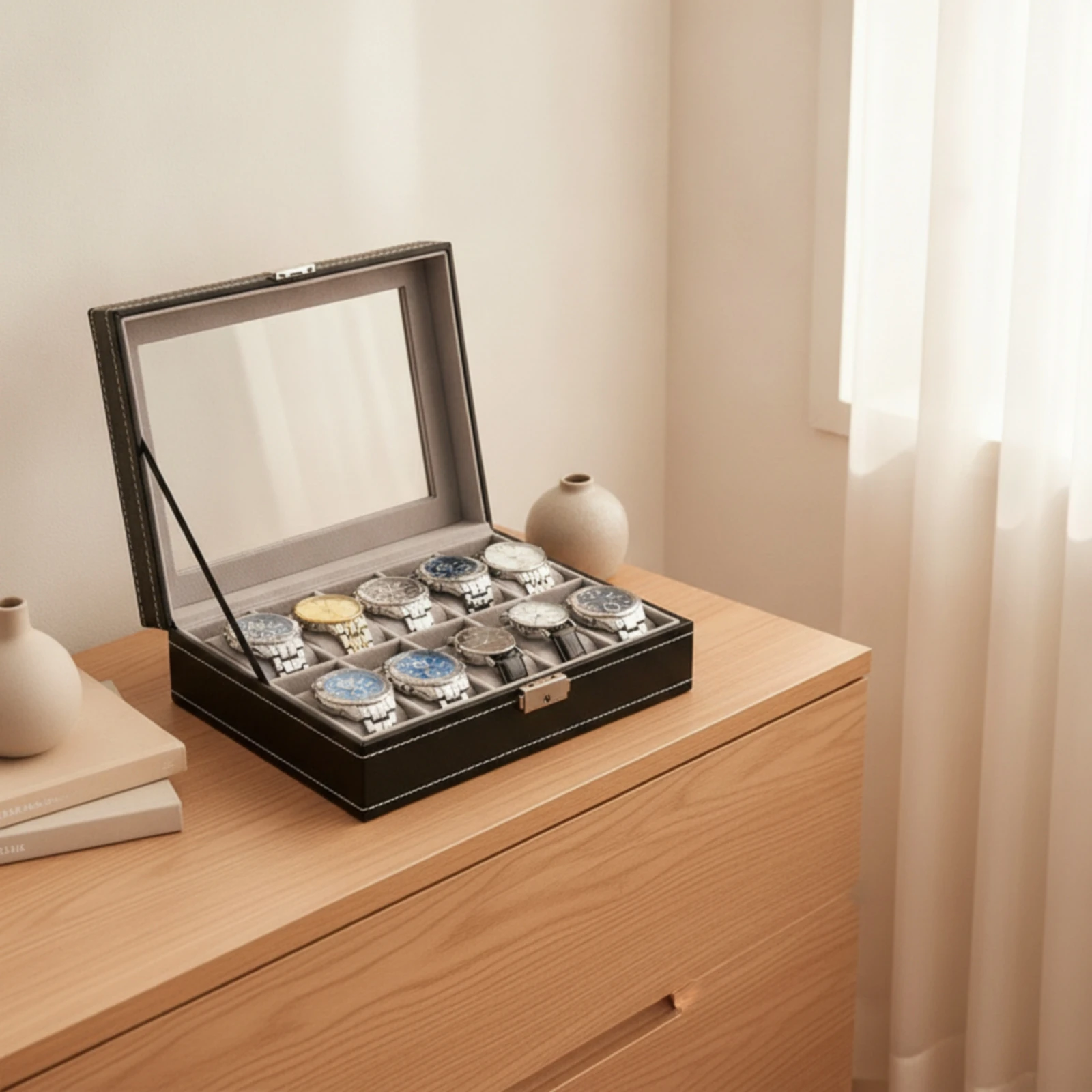 Watch Box Rectangular Watch Case Hinged Clear for Collectors, Dresser, Home