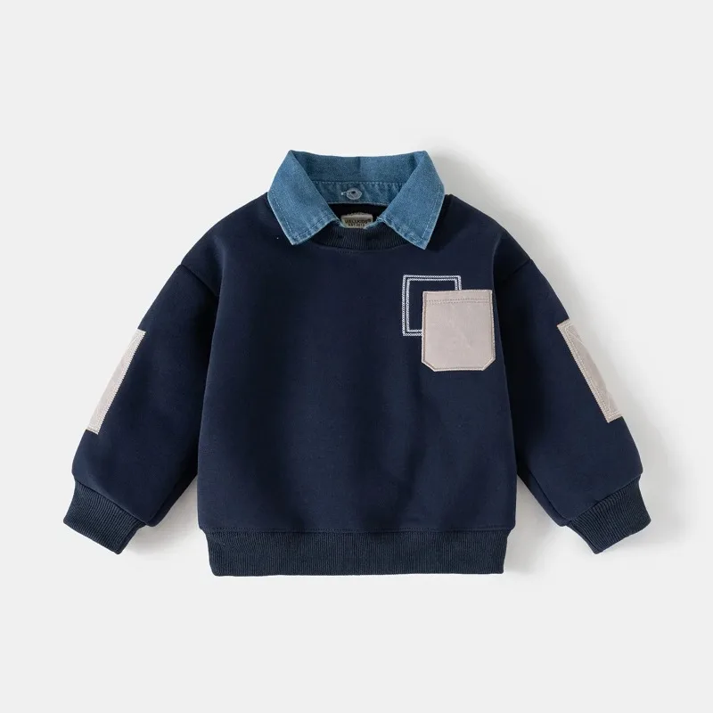 

Autumn Winter Ghildren Clothings Boys Layered Fleece Sweatshirt Denim Collar Patch Pocket Warm Pullover Kids Casual Top