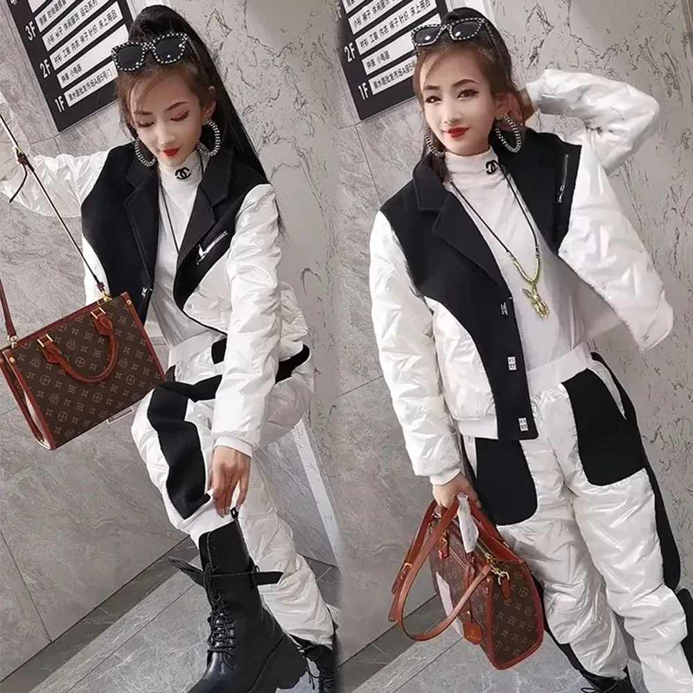 

2023Winter Cotton Jacket Pants Suit Thicken Cotton-pad Coat + Elastic Waist Trousers Two Piece Set For Women's Fashion Lady Suit