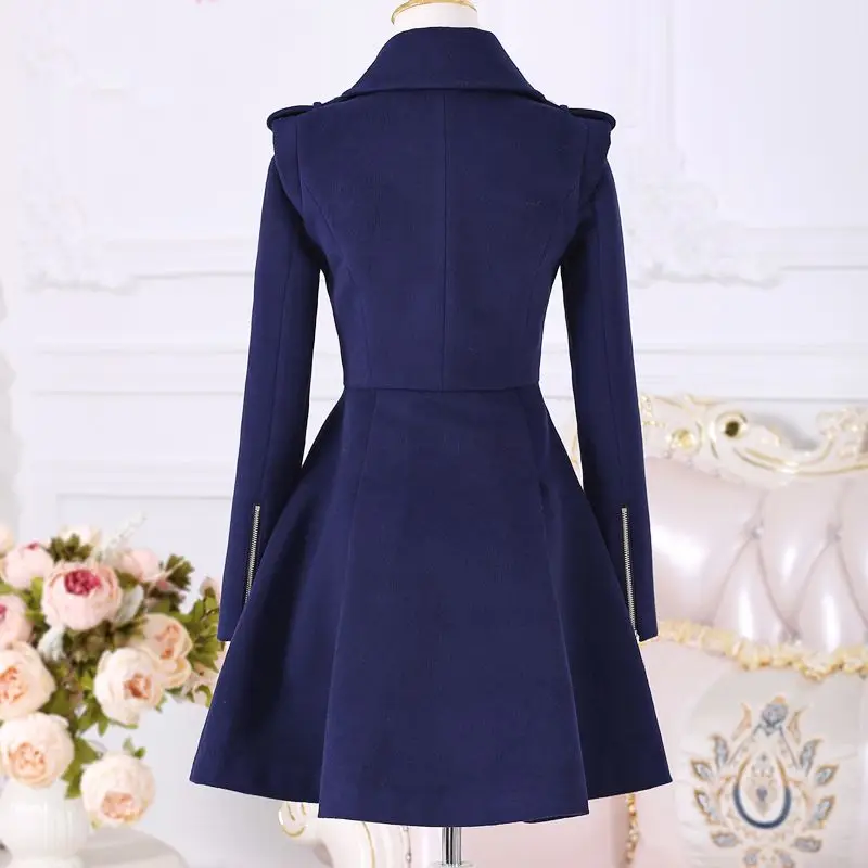 Zipper long sleeved woolen coat women\'s Jacket medium length slim winter thickened navy blue