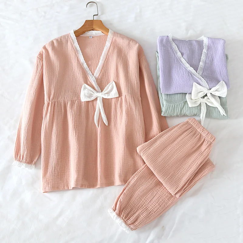 

Crinkle Cotton Kimono Sleepwear Set | Women's Seersucker Loungewear | Spa Wear for Spring Summer Fall Pajamas Trousers Sets