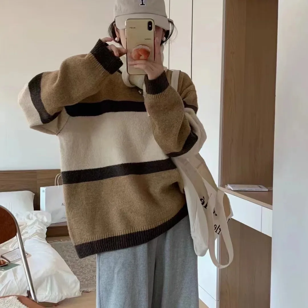 المرأة فضفاضة تناسب Thiened سترة ناعمة أنيقة كسول Sle مخطط محبوك لخريف شتاء جديد وصول عادية Faion #2