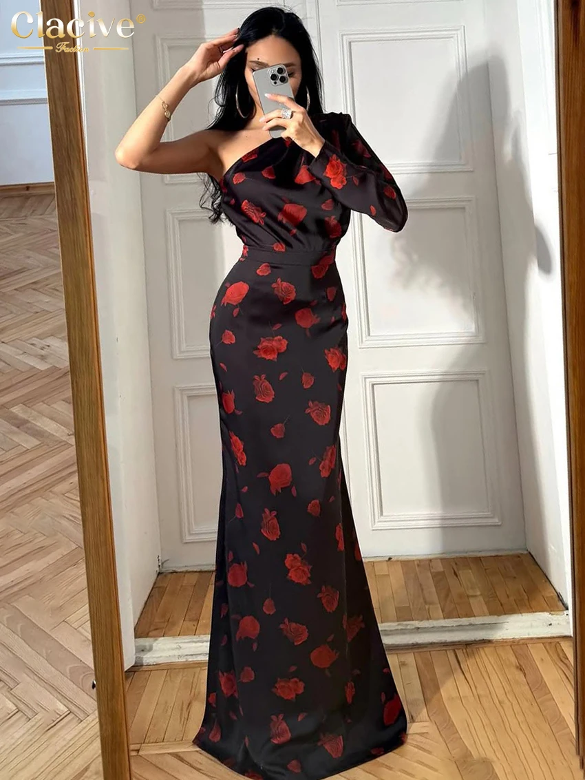 

Clacive Fashion Slim Print 2 Piece Set Women 2026 Sexy One Shoulder Long Sleeve Shirt With High Waist Maxi Skirt Set Female