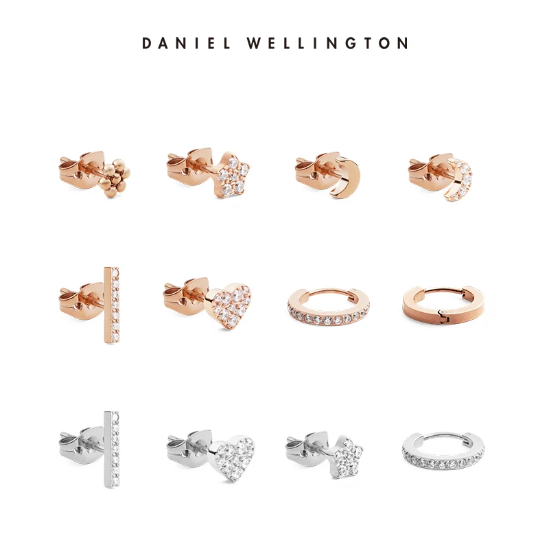 Daniel Wellington Micro Stud Hoop Earrings for Women Rose Gold Silver Tiny Crystal Star Moon Heart Flower Line Piercing Jewelry