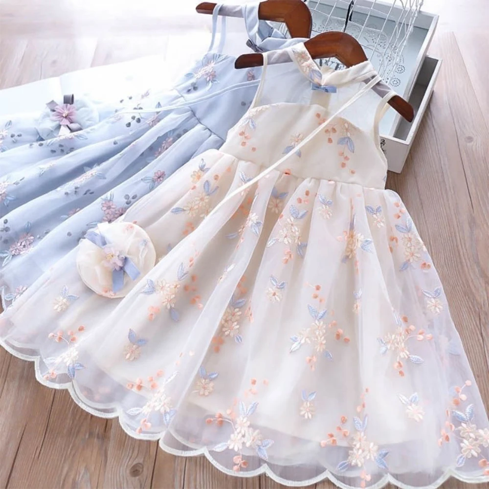 Korea New Summer Girls Dresses Embroidered Dress Cheongsam Children\'s Retro Lace Dresses Baby Summer Dress Baby Kids Clothes