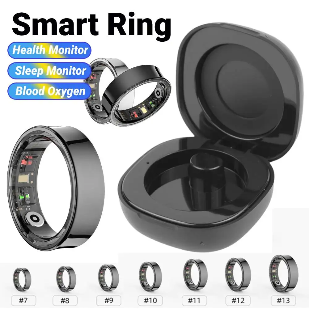 R09 Smart Ring 5ATM Waterproof Temperature Sport Health Ring Heart Rate Blood Oxygen Sleep Monitor w/ Charging Case Smartring