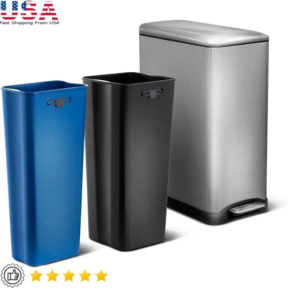 

13 Gallon Slim Stainless Steel Trash Can Dual Compartment Step On Lid Recycling Bin Kitchen Office