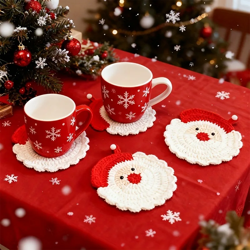 4pcs Coasters Handmade Crochet Santa Claus Xmas Setting Durable Fabric Drink Tray Seasonal Tableware Unique Gift Coaster Set