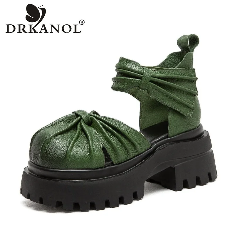 

DRKANOL 2026 Women Chunky Platform Sandals Summer Thick High Heel Cool Ankle Boots Retro Style Pleated Genuine Leather Sandals