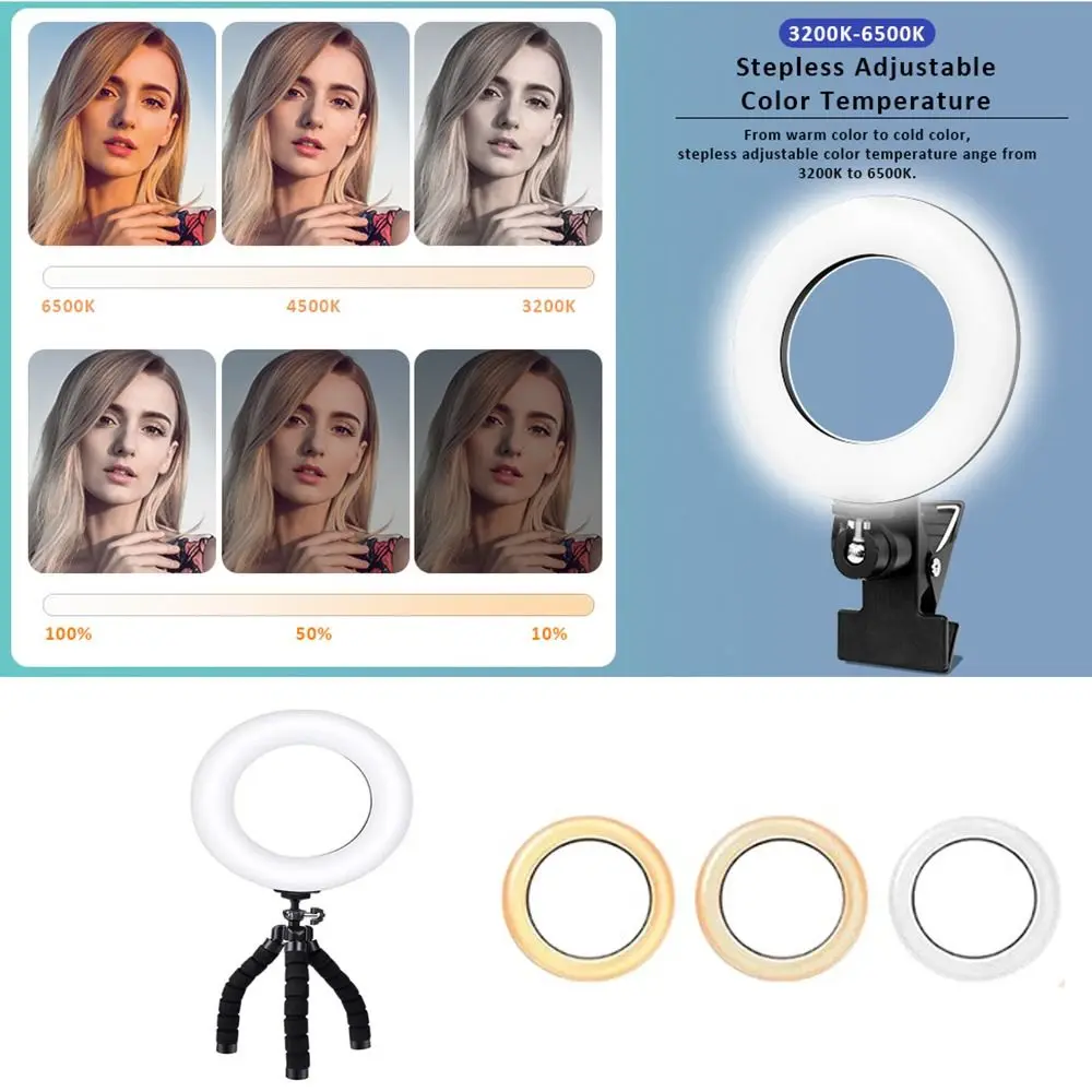 Clip-on Selfie Ring Light 4.5/6inch Adjustable Selfie Led Lamp Compatible with All Phones 3 Color Modes Circle Light Kit