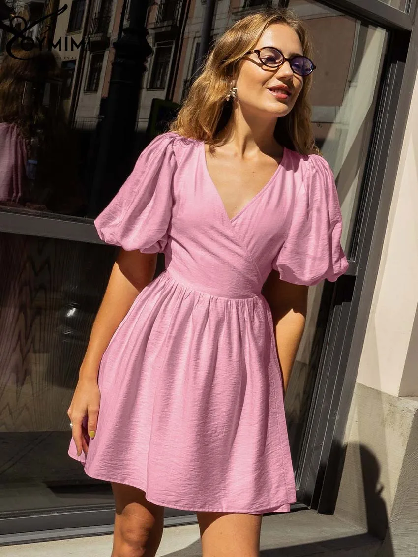 

Oymimi Casual Pink V-Neck Women's Dress Elegant Puff Sleeve High Waisted Dresses Fashion Pleated Mini Dresses Female Clothing