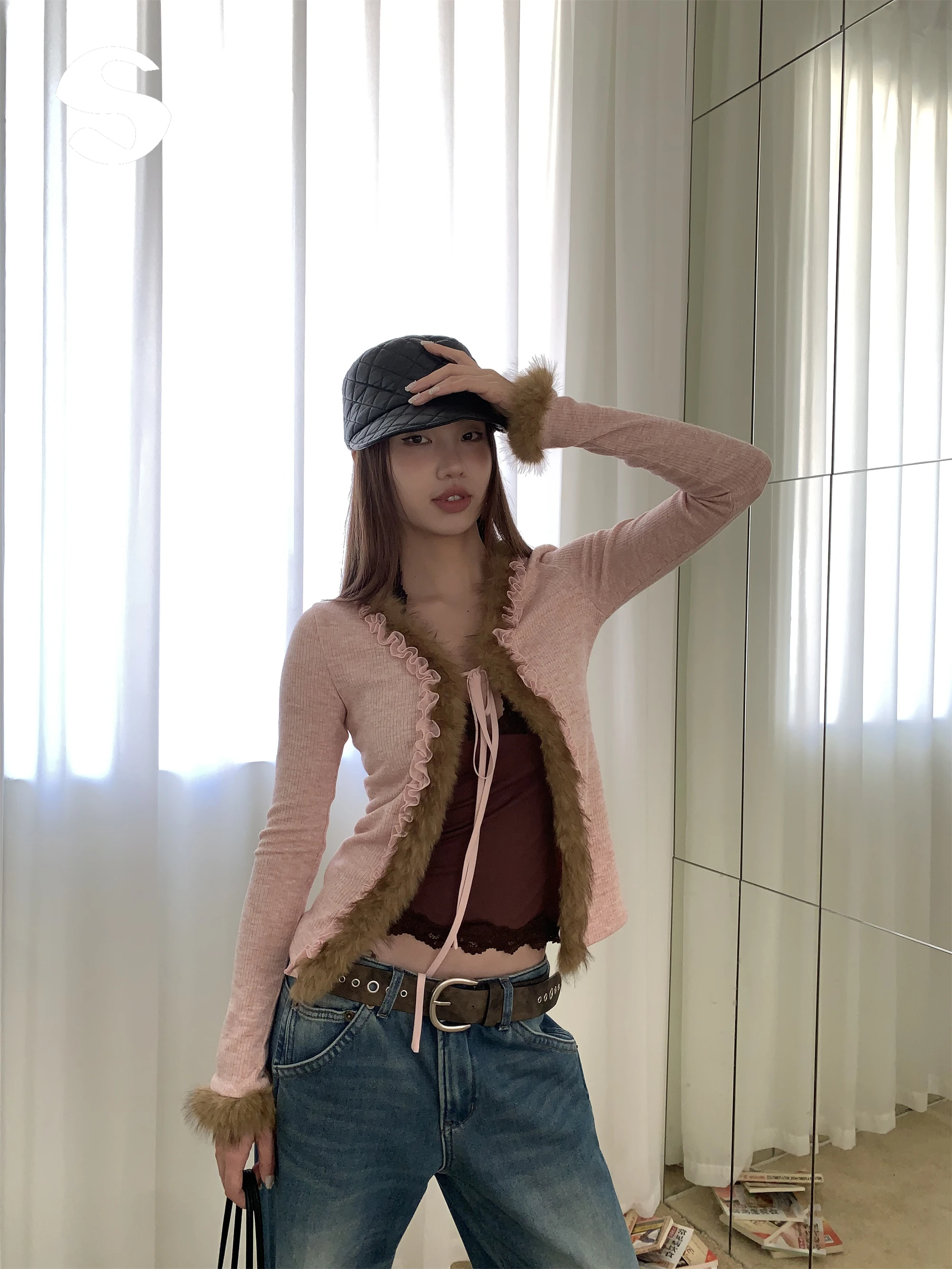 

Women's Long Sve V-Ne Patchwork Slim Fit Open Cardigan Breathable Comfortable Korean Sle Straight Cut Winter Coat