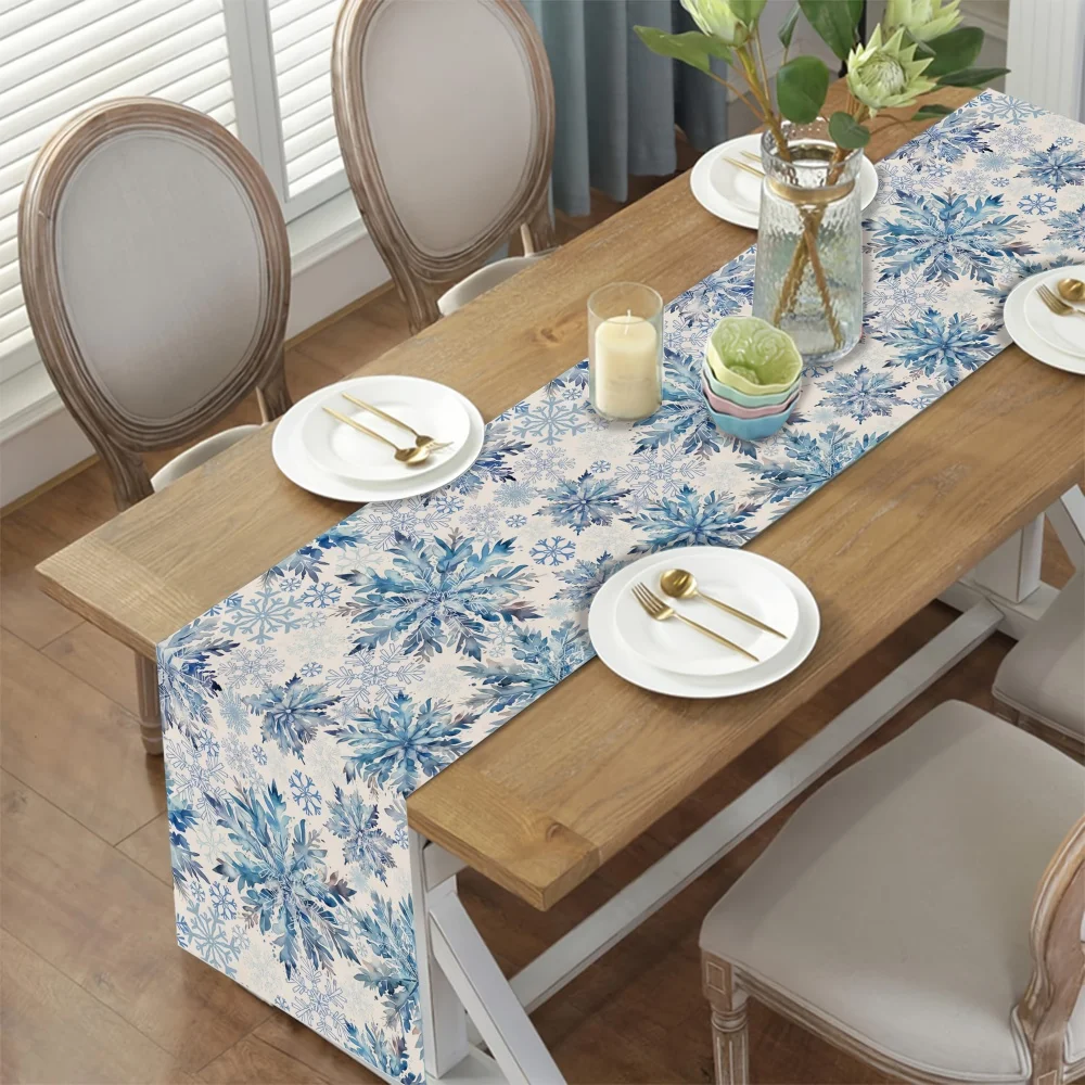 1pc Blue Snowflake Christmas Table Runner - Festive Winter Design with Snowflakes & Pine Branches, Winter Christmas Decorations