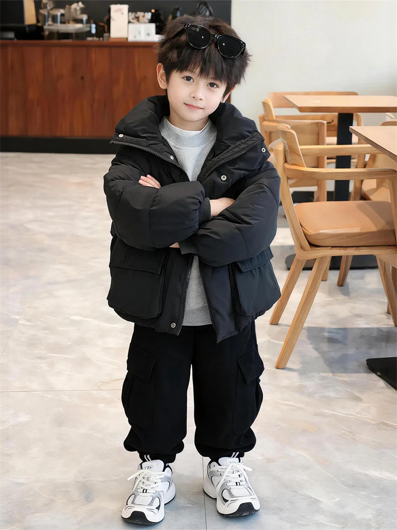 Kids Winter Casual Down Coats Children Comfortable Thick Plush Warm Outerwear Boys Girls Solid Outdoor Thermal Versatile Jacket
