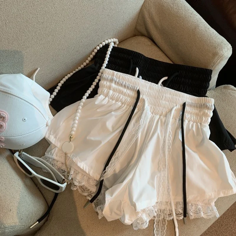 레이스 패치워크 여성 와이드 레그 숏 패션 하이웨이스트 멀티 레이어 시크 숏 스커트 여름 스트릿웨어 핫걸 미니 팬츠