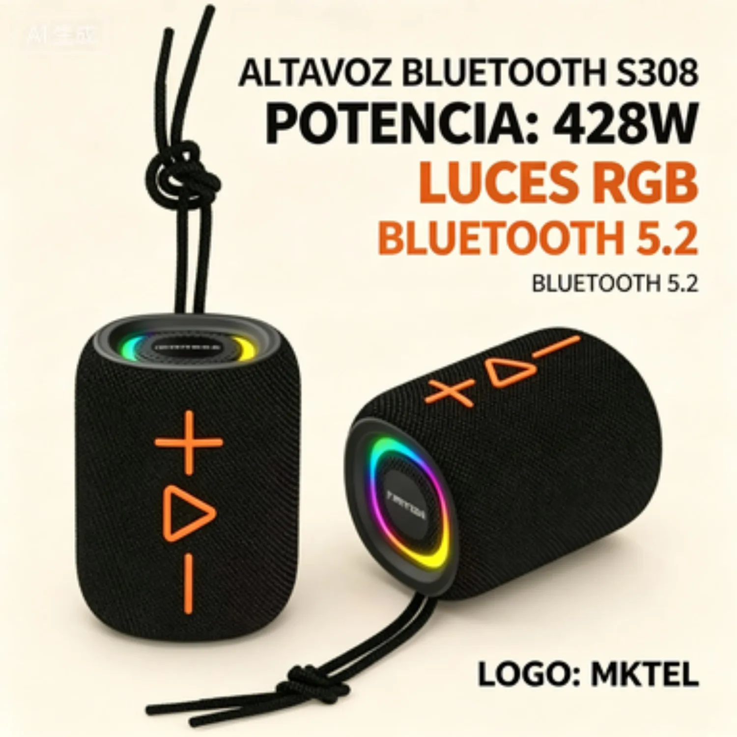 Bocina Bluetooth MKTEL S308 Portátil 428W con Luz RGB Bluetooth 5.2 Radio FM TF/USB y TWS