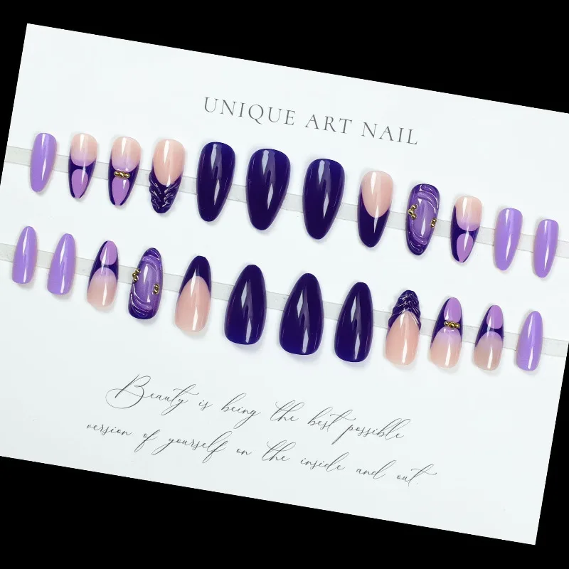 

24Pcs False Nails Purple French Tips with 3D Design Steel-tip Press-on Nails with Long Pointed Tips Perfect As Gifts for Girls