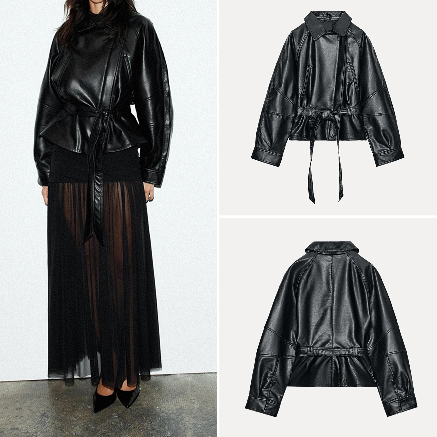 Z Mujer Faion ort Bla Leather Jaet 2025 Temporada de otoño Largo Sve Flip Collar Stand Fit Personali Sle