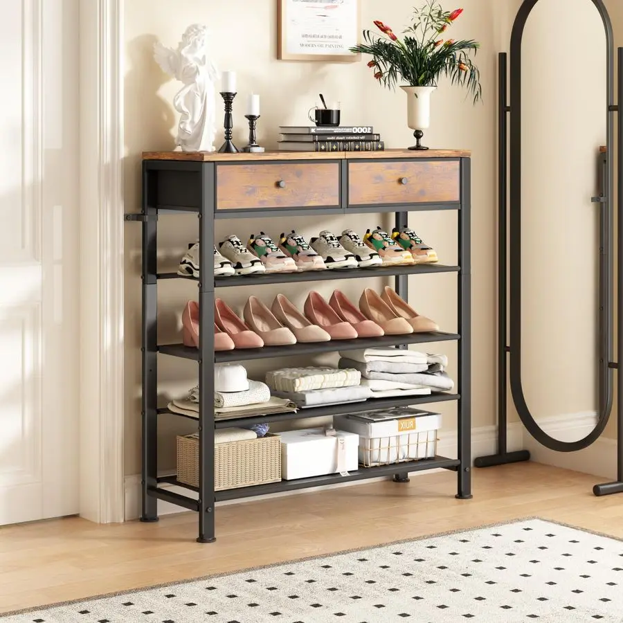 

Shoe Rack, 5 Tier Shoe Organizer for 1216 Pairs of Shoes, with 2 Drawers, 3 Fabric Shelves and Wooden Top, Shoe Rack for Closet