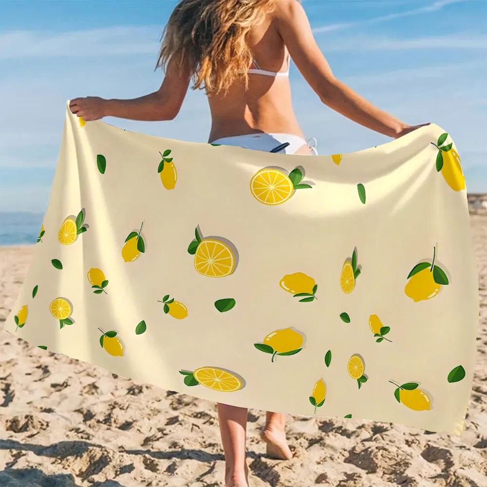 Toalha de praia com estampa de limão, desenho animado, secagem rápida, microfibra, para natação, surf, camping, unissex, férias