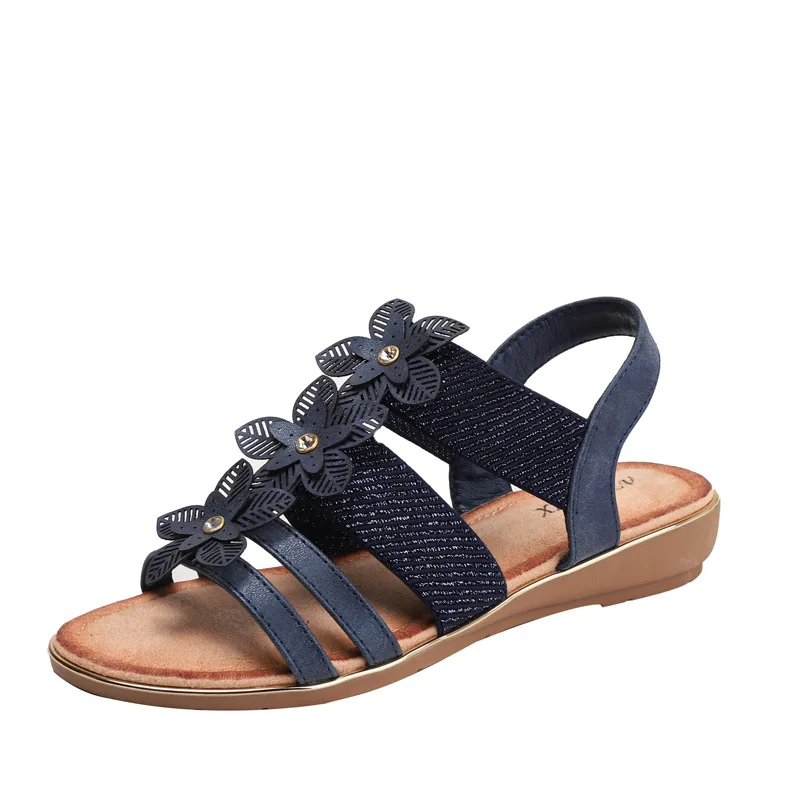 

High quality leather flat sandals for women 3cm low heel flower summer 36 42 open toe casual vintage shoe black beige blue