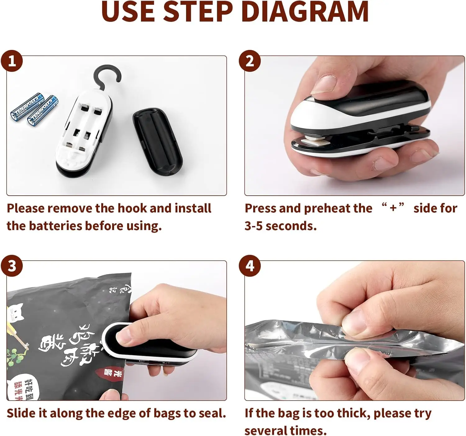 Mini sellador de bolsas, paquetes de selladores al vacío de calor portátiles, sellador de bolsas de chips con sellador térmico 2 en 1, sellador de alimentos, resellador de bolsas de mano