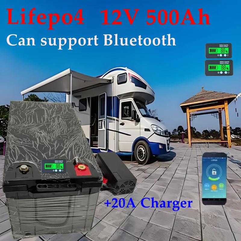 LT-waterproof 12V 500AH Lifepo4 battery lithium bluetooth BMS APP 4S 12.8V 500Ah for golf cart Solar Storage boat +20A charger.