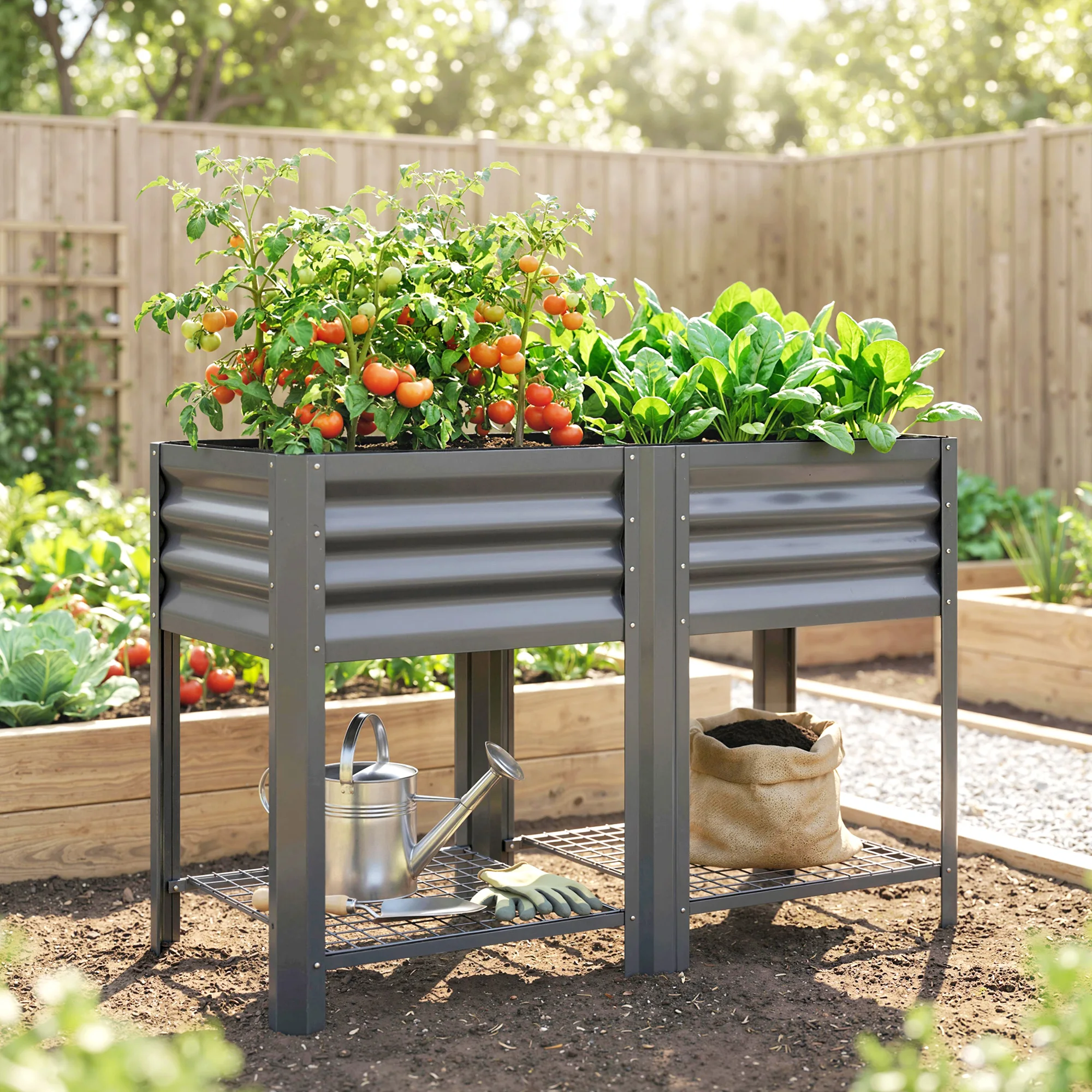 Outsunny Elevated Garden Planter with Storage Shelf, Height 31.5inch Cm, Dark Gray