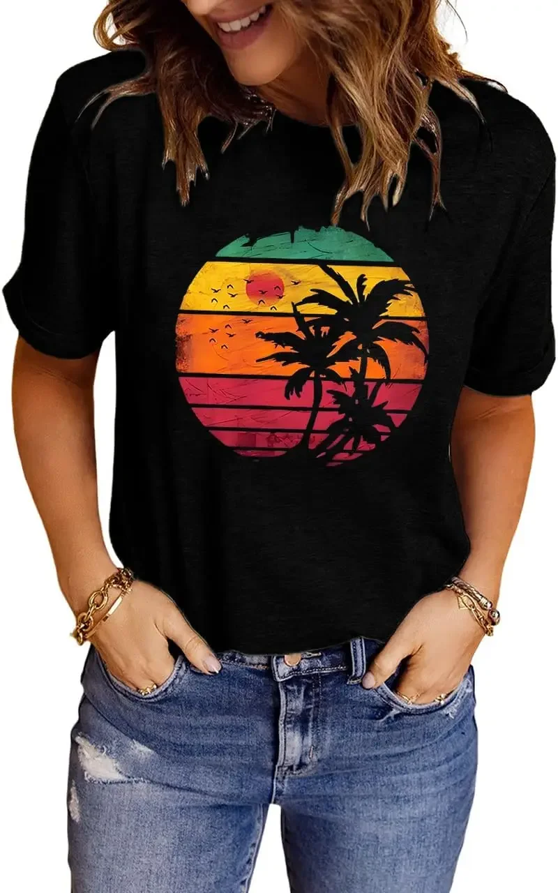 Tropical Vacay Soft Crewneck T-Shirt Shirts for Women Women's Summer Sunset Beach Graphic Tees