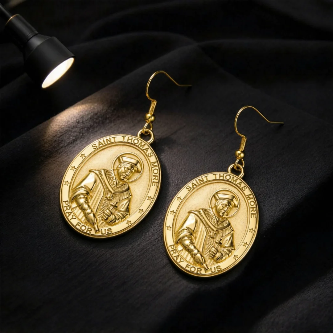 Saint Thomas More Dangle Earrings Vintage Oval Medal Drop Earrings Antique Catholic Religious Medal Jewelry Gift for Women