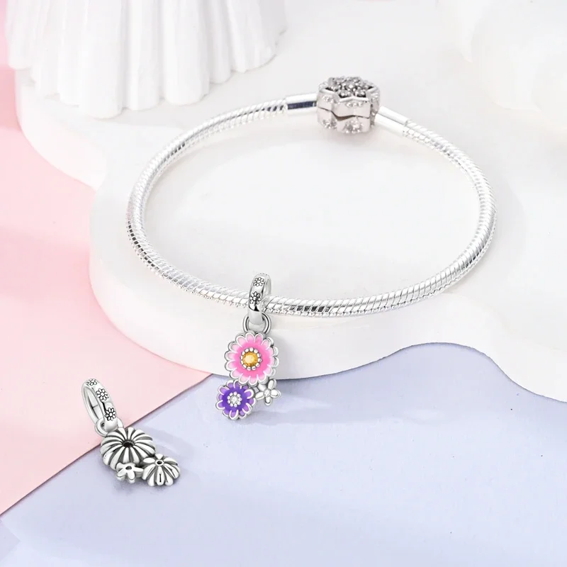 Original Charms 925 Silver Purple-pink Daisy Plant Pendant Fit Charms Plata 925 Bracelets for Women Women Jewelry Making Diy