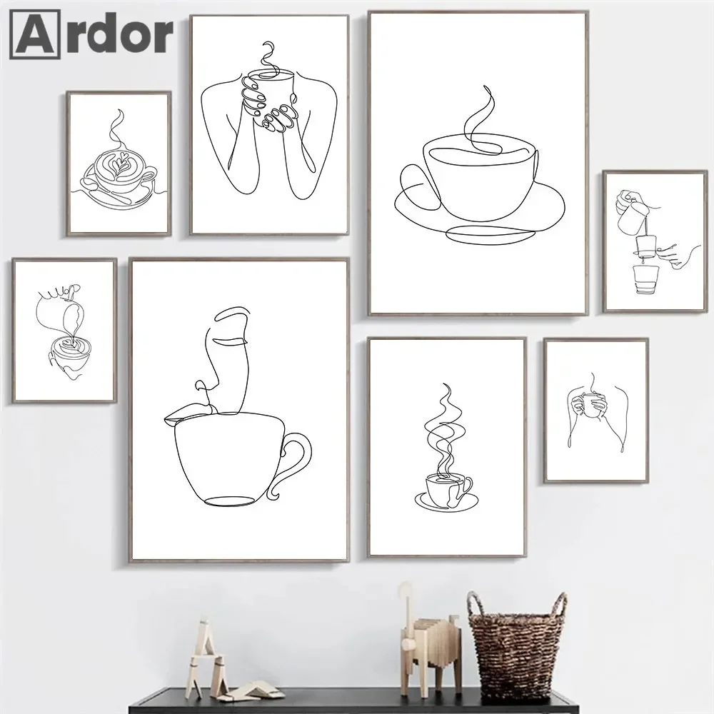 Coffee Cup Hands Wall Art Prints Abstract Line Drawing Canvas Poster Minimalist Wall Painting Pictures Kitchen Home Decoration