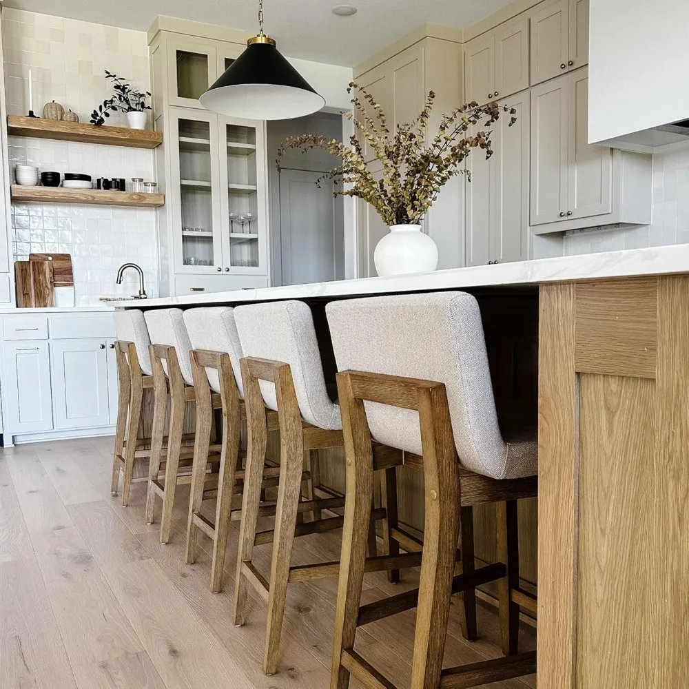 Kursi Bar Tinggi dengan Pelapis Kain Linen Putih Alami dan Penyangga Punggung