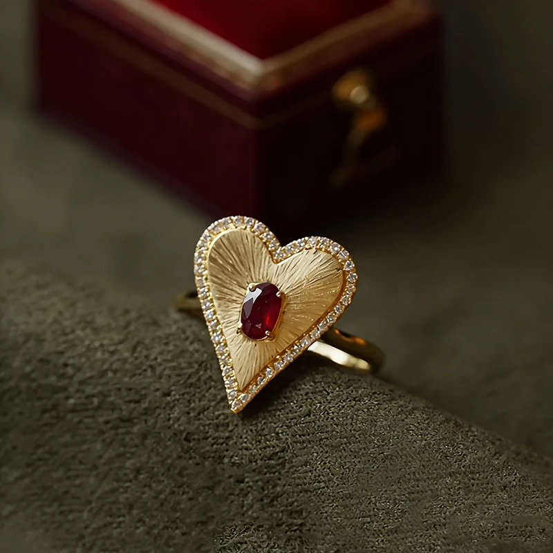 Huitan Textured Heart Rings with Red Cubic Zirconia Gold Color Love Rings for Wedding Anniversary Gift Luxury Jewelry for Women