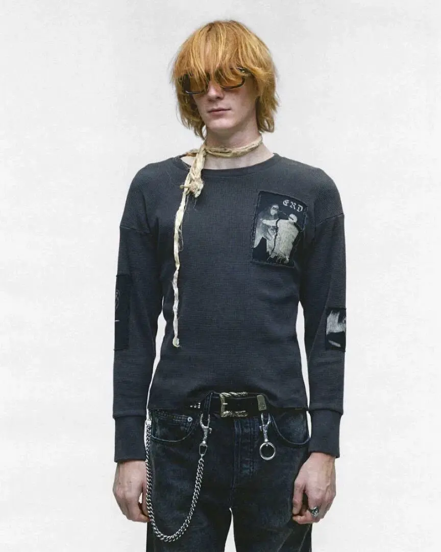 ER/D 24FW dark gray large neckline combination sticker waffle long-sleeved T-shirt