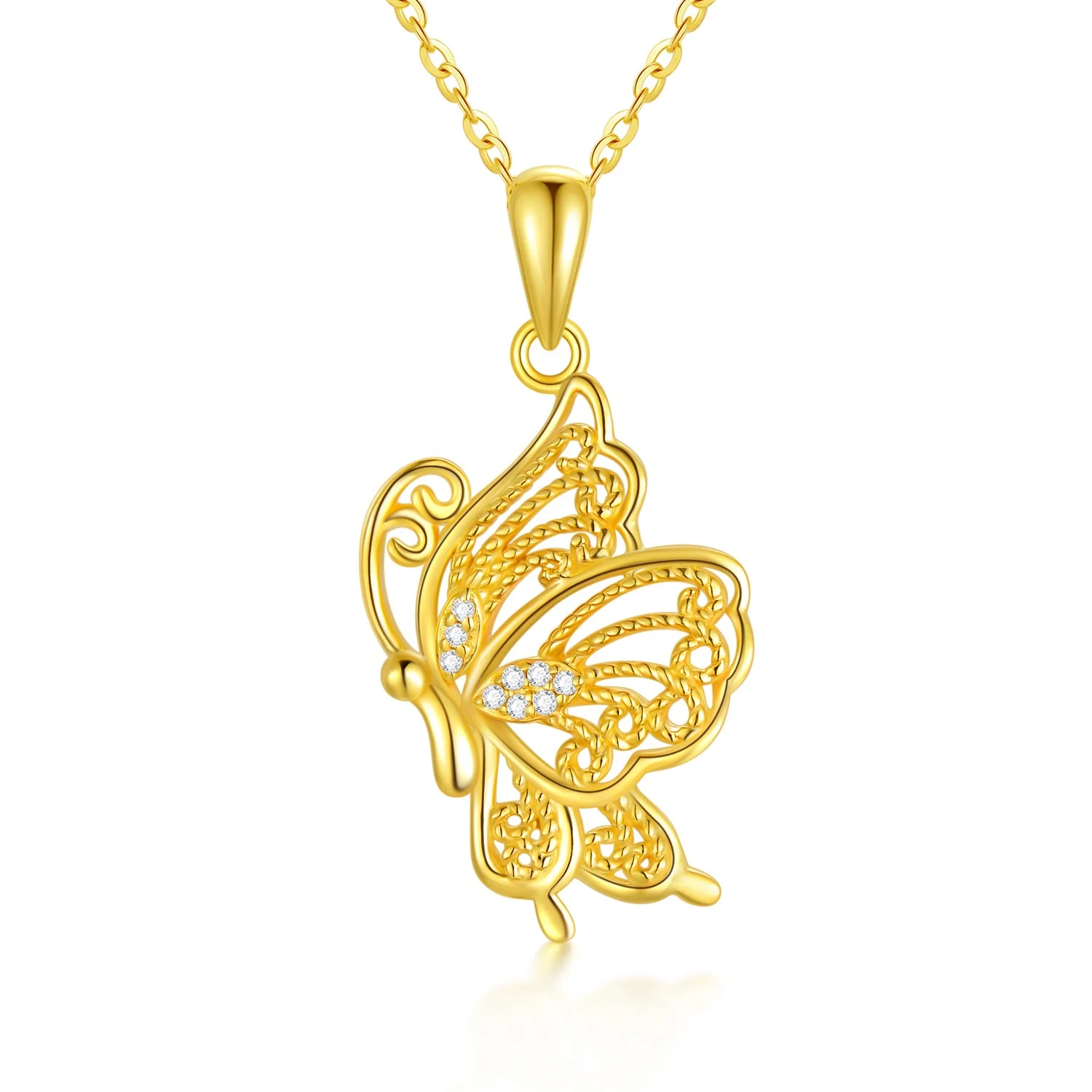 

Fine Jewelry 14K Solid Gold Zircon Hollow Out Butterfly Pendant Necklace for Women