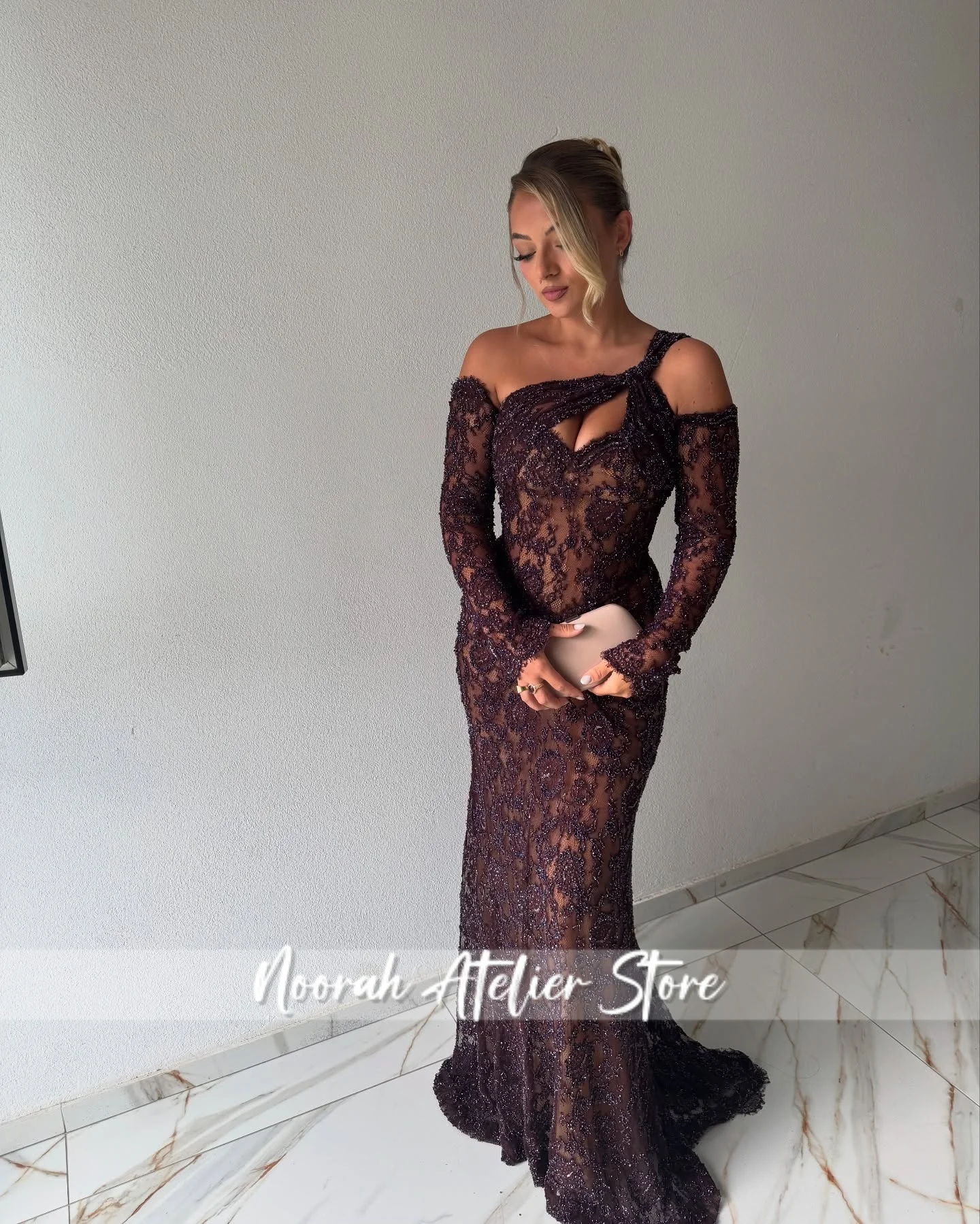 Nouveau marron dentelle une épaule manches longues luxe nu robes de soirée 2025 femmes dubaï sirène robe formelle robe de bal personnalisé